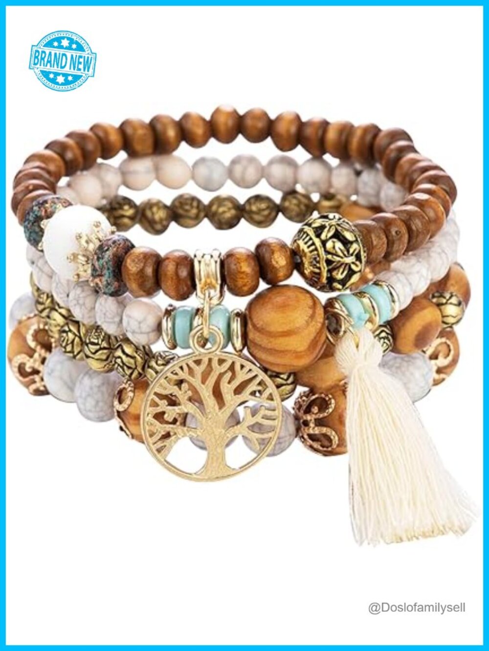 Wood Beaded Stretch Bracelet Boho Tassel Multilayer Tree of Life 4-Piece Set